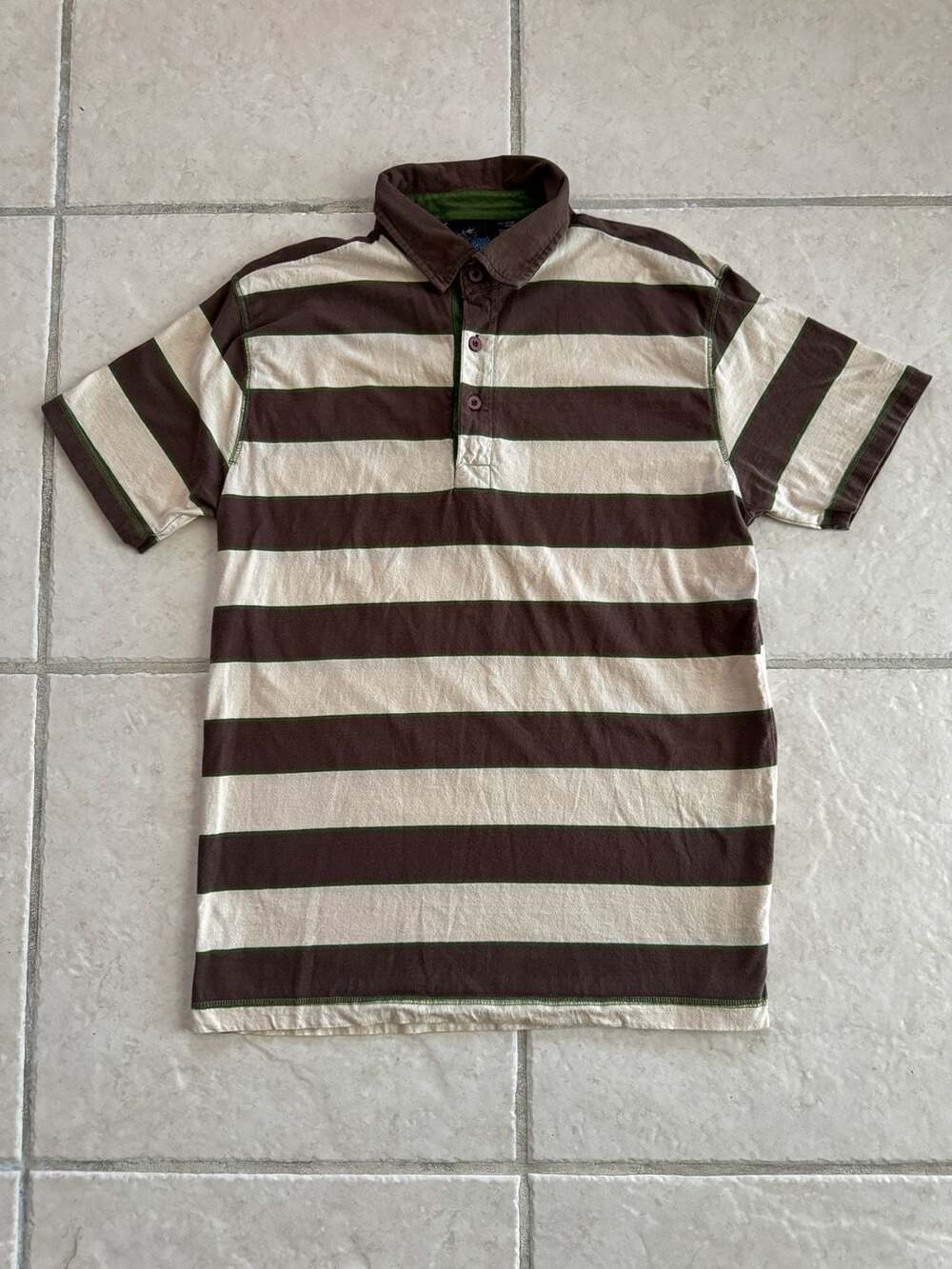 Point Zero Vintage Brown and Cream Striped Short Sleeve Polo Shirt Medium